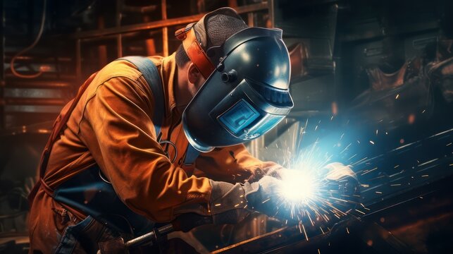 A welder is working on iron work. The atmosphere of a welding workshop, with the light of burning electrodes.