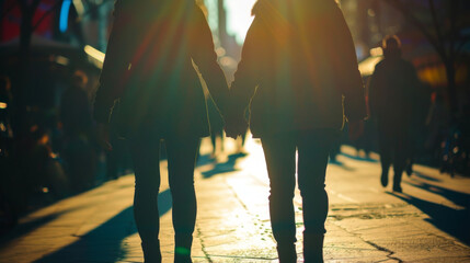A couple holding hands their shadows intertwined as they stroll through the bustling street. - obrazy, fototapety, plakaty