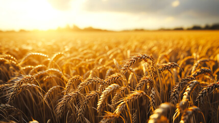 陽の光を浴びて輝く豊かに実った小麦畑の風景