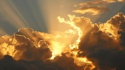 The suns radiance transforms the edges of gray clouds into a golden sheen. - obrazy, fototapety, plakaty