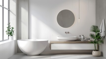 Fototapeta na wymiar Minimalist Bathroom with Floating Vanity and Round Mirror