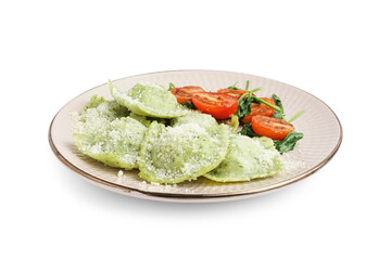 Plate of tasty ravioli with tomatoes and cheese on white background