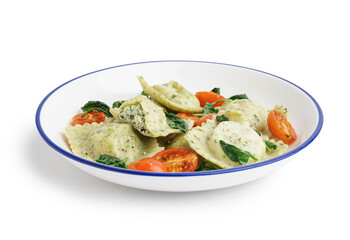 Bowl of tasty ravioli with tomatoes on white background