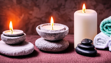Spa resort therapy composition. Burning candles, stones, towel, abstract lights