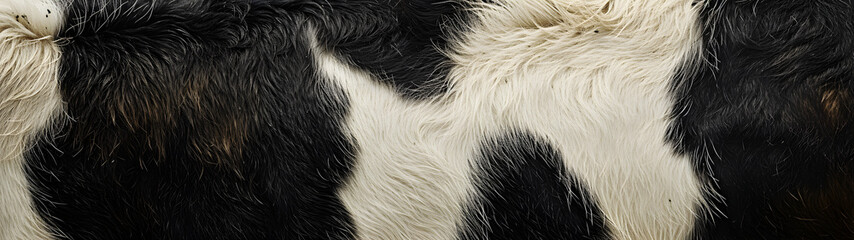 close up view of cow fur pattern texture, black and white animal fur pattern texture background wallpaper, background with a ratio size of 32:9 - obrazy, fototapety, plakaty