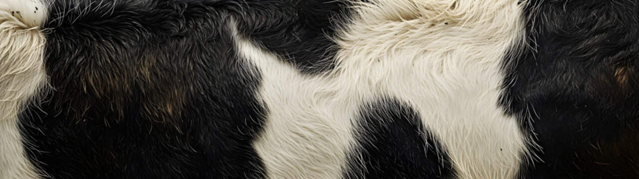 close up view of cow fur pattern texture, black and white animal fur pattern texture background wallpaper, background with a ratio size of 32:9