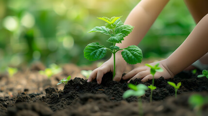 A girl working outdoors, planting a seedling in a garden, surrounded by nature and soil, with her hands in the dirt, gardening, agriculture, and organic farming during the spring