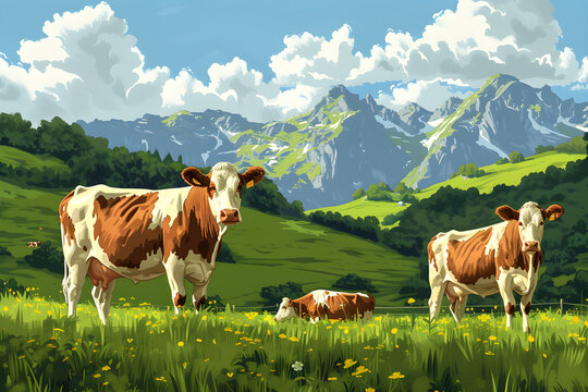 Illustration of cows grazing in a peaceful countryside field