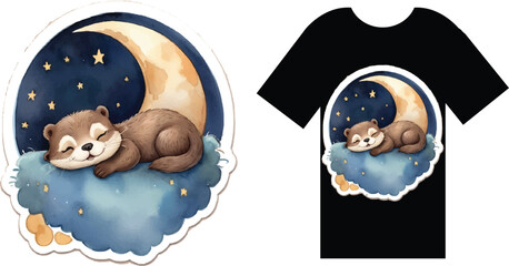 Charming otter peacefully resting on a moon sticker, great for a t-shirt design