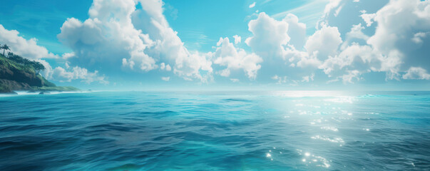 Beautiful blue ocean with blue sky and clouds background