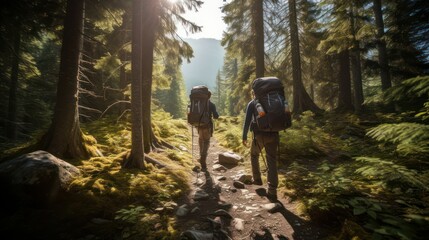 Obraz premium The mountain hikers trekking carrying rucksacks journey passes through a path in the middle of a pine tree forest scene, outdoor adventure camping.