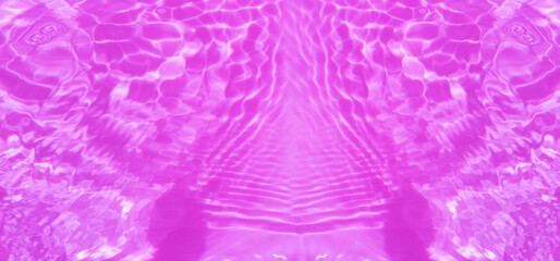 Water surface. Purple water waves on the surface ripples blurred. Transparent pink colored clear calm water surface texture with splash and bubbles. Purple water waves with shining patterns. Caustics.
