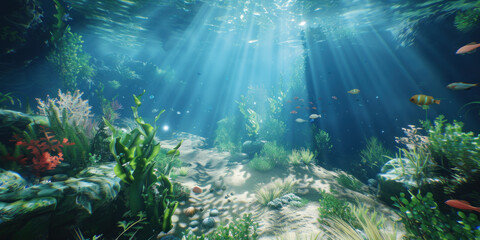 Sun rays with coral reef and fishes underwater view of the world