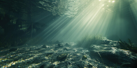 Sun rays and water streaming underwater view of the sea