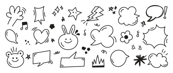 Fototapeta na wymiar Doodle line sketch childish element set. Flower, heart, cloud children draw style design elements background. Vector illustration.