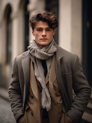 A young man in a grey coat