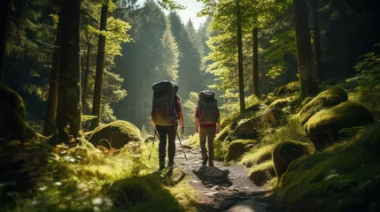 Papier Peint photo Lavable Route en forêt The mountain hikers trekking carrying rucksacks journey passes through a path in the middle of a pine tree forest scene, outdoor adventure camping.