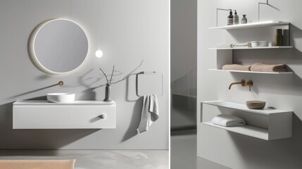 Contemporary Minimalist Bathroom with Floating Vanity and Round Mirror