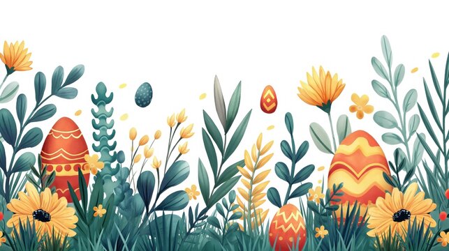 Ilustração vetorial de pascoa, com muitas cores, ovos e plantas