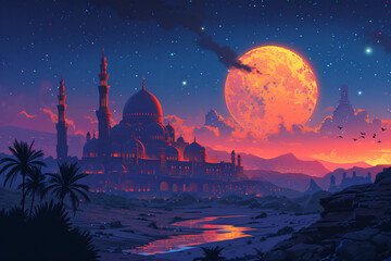 A fantastical night scene of an ancient Arabic city with a mosque, stars, and a large moon, evoking a serene yet vibrant atmosphere.