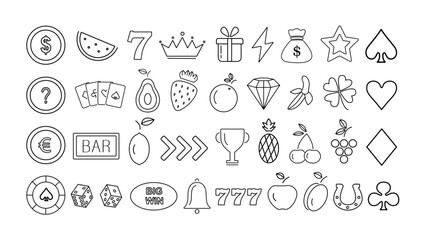 A set of black icons on the theme of casinos, poker, gambling on a white background.
