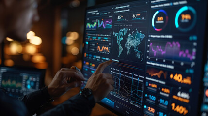 A futuristic touchscreen interface allows users to delve into the details of their financial portfolios with ease. Powerful data visualizations and interactive dashboards - obrazy, fototapety, plakaty