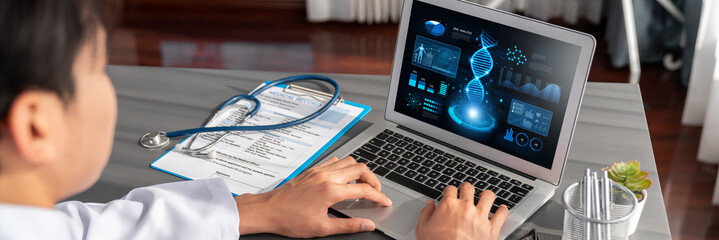 Doctor studying genetic disease in DNA research with laptop, analyze genetic data, formulate...