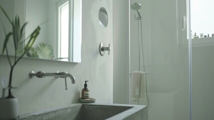 Minimalist Bathroom with Concrete Sink and Glass Shower Door AI Generated.