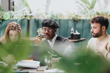 Multiethnic business professionals collaborate at a table in a cozy restaurant environment, focused...