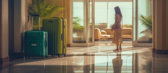 female tourist pulling suitcase inside hotel