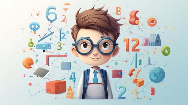Cartoon illustration of a smart boy student wearing glasses with mathematics lesson icons in the background.