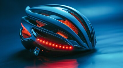 Illuminated Cycling Helmet on Blue Background. Generative ai - obrazy, fototapety, plakaty