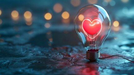 Glowing Heart Inside Light Bulb on Moody Background. Generative ai