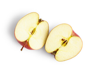 Halves of fresh red apple on white background