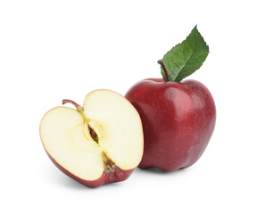 Fresh red apples with leaf on white background