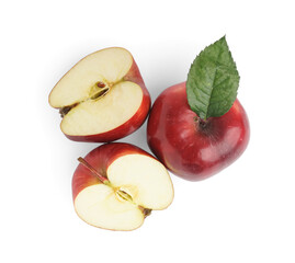 Fresh red apples with leaf on white background