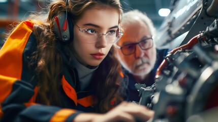 Mentor Guiding Apprentice in Engineering Workshop. Generative ai