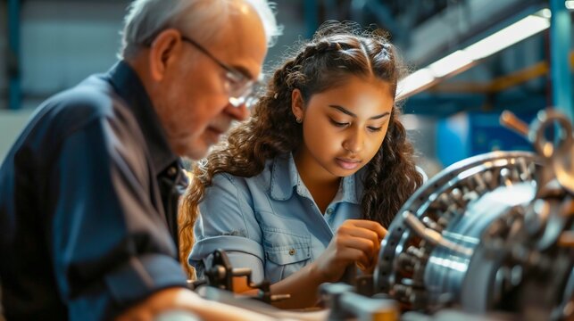 Mentor Guiding Apprentice in Engineering Workshop. Generative ai