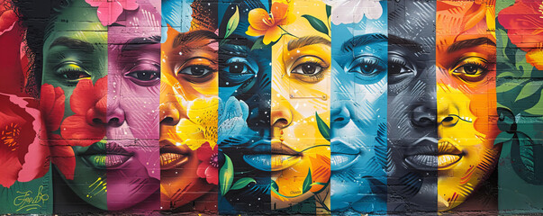 Spectrum of Unity Mural.
A vibrant mural depicting women's faces with a floral overlay representing unity in diversity.