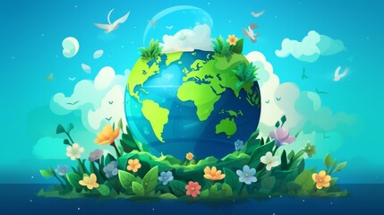Naklejka premium Earth Surrounded by Flowers and Butterflies