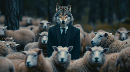 Wolf in suit standing in a heard of sheep