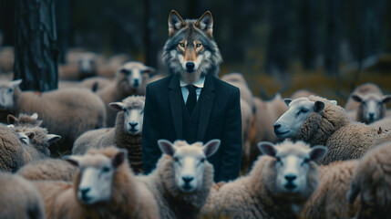 Fototapeta premium Wolf in suit standing in a heard of sheep