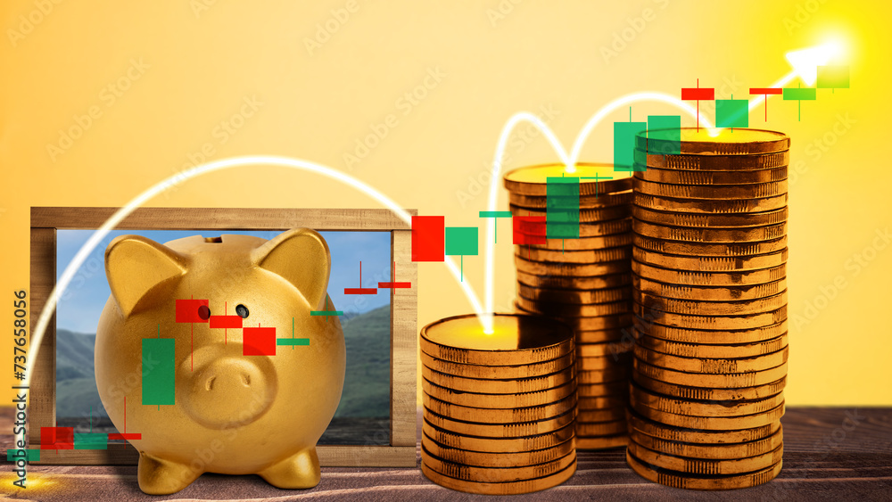 Poster piggy bank with stack of golden coins with an increased graph arrow