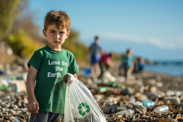 Young boy on a beach holding a plastic bag engaging in coastal cleanup with bag of collected waste, Love the Earth, environmental responsibility, education, ecological conservation, earth day