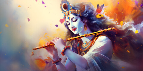 Melodies of Divinity: Lord Krishna's Flute Resonance on Janmashtami - obrazy, fototapety, plakaty
