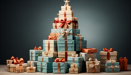 A large stack of wrapped gift boxes in festive backgrounds generated by AI