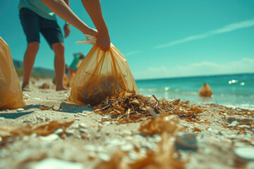 Young boy on a beach holding a plastic bag engaging in coastal cleanup with bag of collected waste, Love the Earth, environmental responsibility, education, ecological conservation, earth day