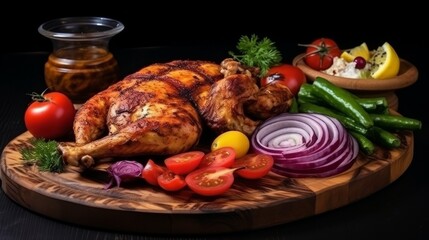 Wooden Platter With Chicken and Vegetables