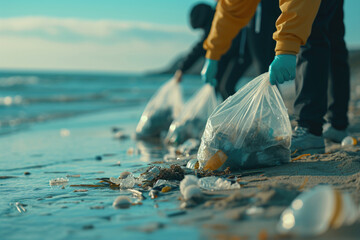 Group of people on beach holding a plastic bag engaging in coastal cleanup with bag of collected waste, Love the Earth, environmental responsibility, education, ecological conservation, earth day - Powered by Adobe