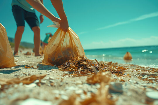 Young boy on a beach holding a plastic bag engaging in coastal cleanup with bag of collected waste, Love the Earth, environmental responsibility, education, ecological conservation, earth day - Powered by Adobe